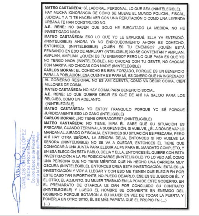 Transcripción de la reunión entre Colchado y Castañeda el 30 de abril, en la que el abogado de Dina Boluarte le hace ofrecimientos indebidos al oficial de la PNP. Crédito: Eficcop.   