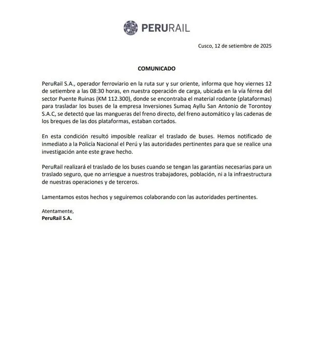 Peru Rail cancela traslado de buses a Machu Picchu. Foto: Peru Rail   