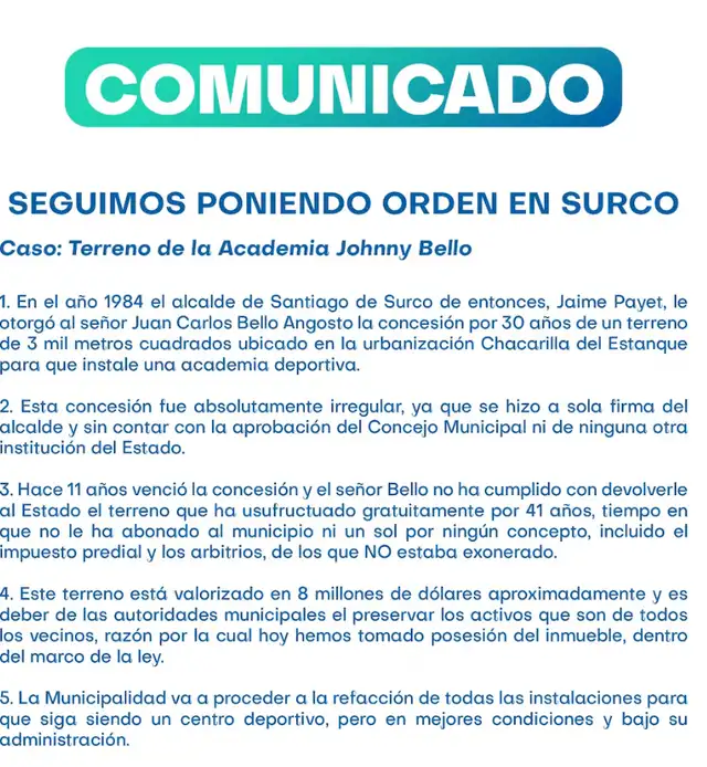 La Municipalidad de Surco emite comunicado. La Municipalidad de Surco emite comunicado.