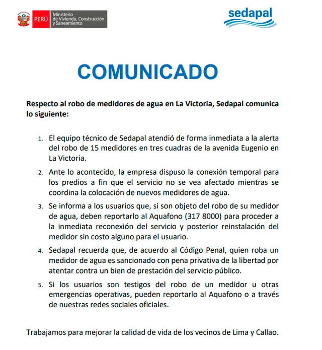 Comunicado de Sedapal.