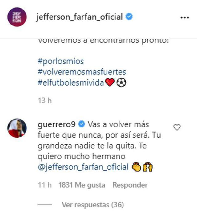 Mensaje de Guerrero a Farfán. Foto: Instagram