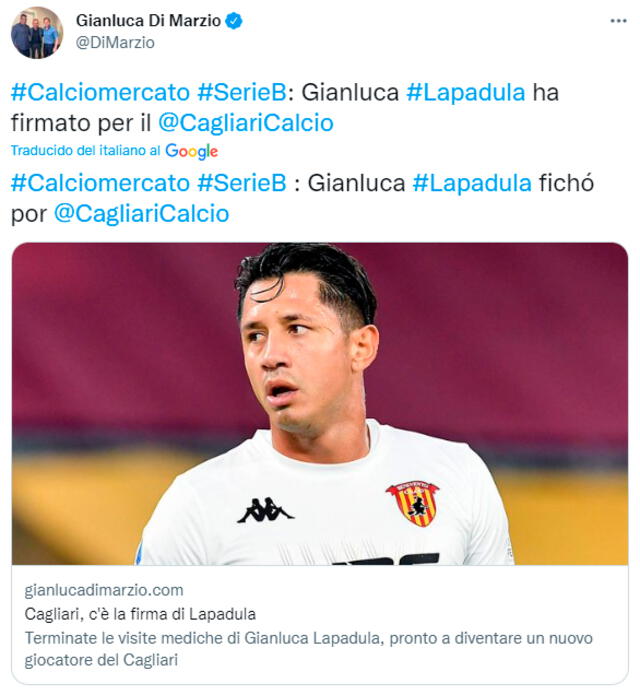 Periodista Gianluca Di Marzio confirmó el fichaje de Lapadula. Foto: captura Twitter/Gianluca Di Marzio