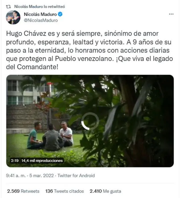 Nicolás Maduro escribió que Higo Chávez "es y será sinónimo de amor profundo". Foto: captura Twitter