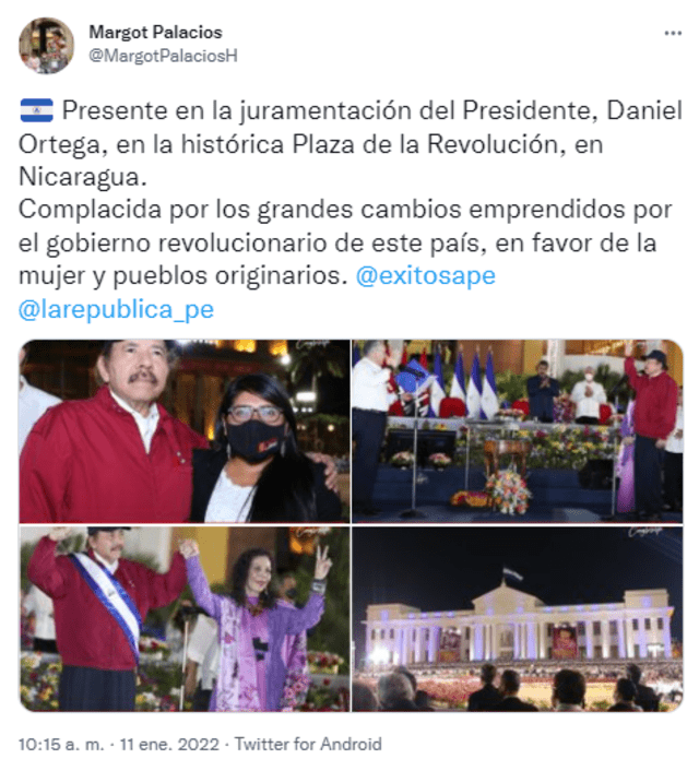 Parlamentaria expresó unas palabras tras haber participado en la juramentación del presidente nicaragüense Daniel Ortega. Foto: captura de Twitter