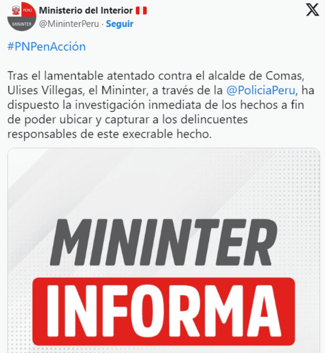 Ministerio de Interior anuncia acciones tras ataque al alcalde de Comas.    