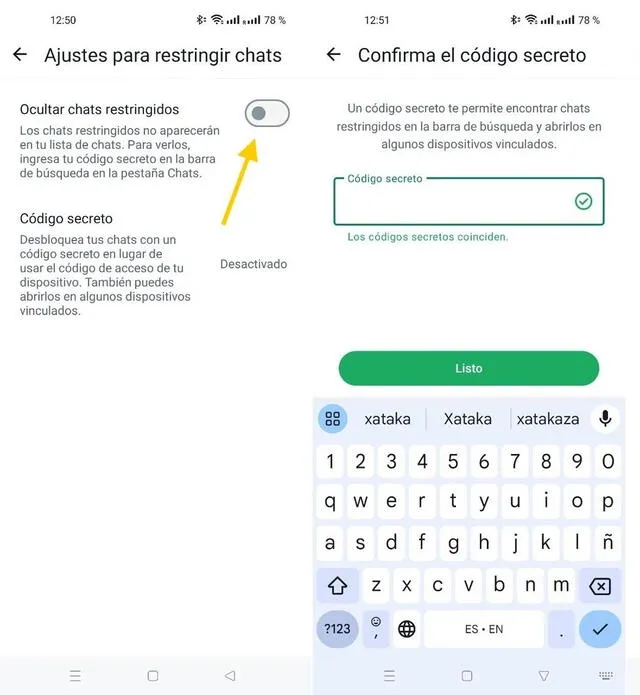  Para ocultar los chats restringidos, primero debemos elegir una clave secreta. Foto: Xataka   