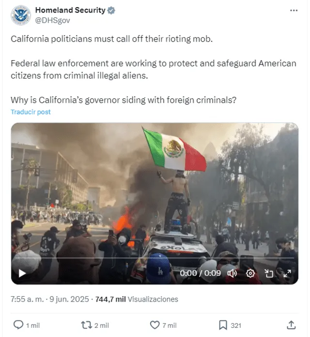 With this tweet, the Department of Homeland Security addresses the harm Newsom is doing by supporting protesters at the Los Angeles marches. Photo: Homeland Security X account With this tweet, the Department of Homeland Security addresses the harm Newsom is doing by supporting protesters at the Los Angeles marches. Photo: Homeland Security X account