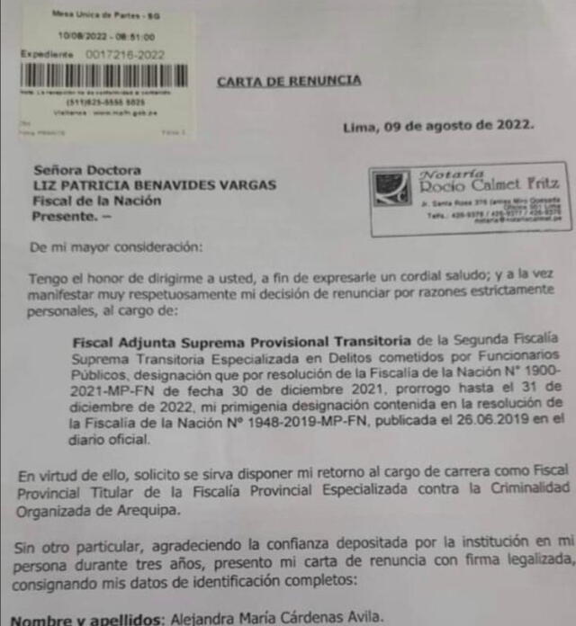Carta de renuncia de la fiscal Alejandra María Cárdenas. Foto: Twitter/Gabriel Mazzei