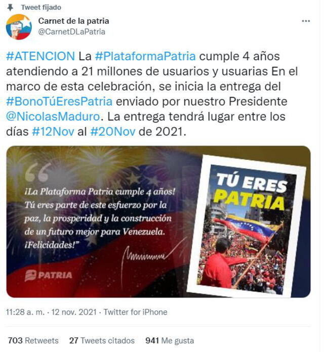 Anuncio de la nueva bonificación que se pagará a través de la Plataforma Patria en Venezuela. Foto: captura Twitter/@CarnetDlaPatria