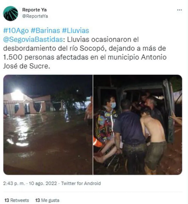 Otros usuarios también reportaron el desbordamiento de ríos en el estado Barinas, Venezuela. Foto: Twitter/ Reportes Ya