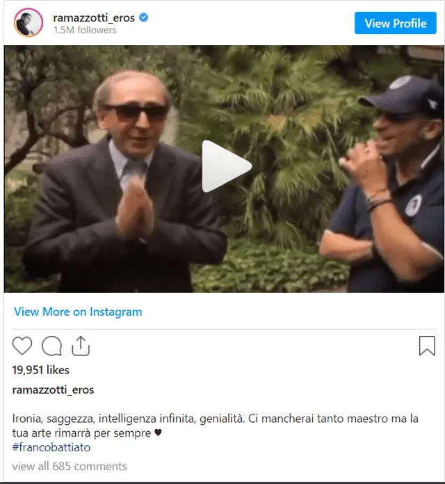 Ramazzotti despide al maestro Battiato. Foto: captura Instagram.