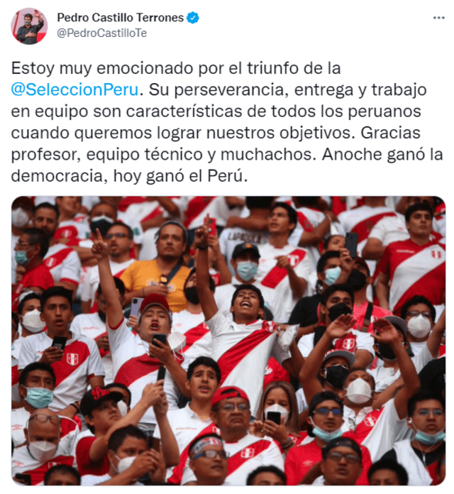 Tuit de Pedro Castillo tras triunfo de la selección peruana. Foto: captura de Twitter