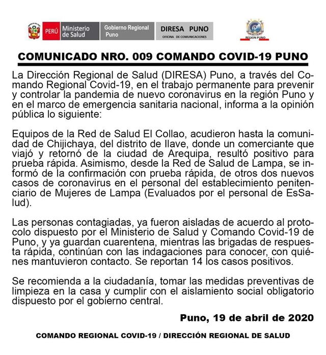 Reporte 19 de abril de casos confirmados de coronavirus en Puno.