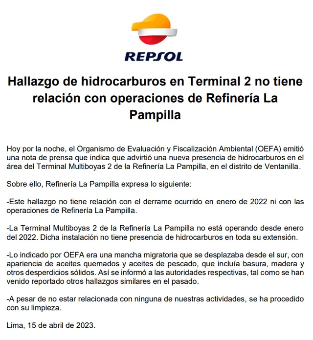 Comunicado sobre hallazgo de petróleo en mar de Ventanilla. Foto: Repsol   