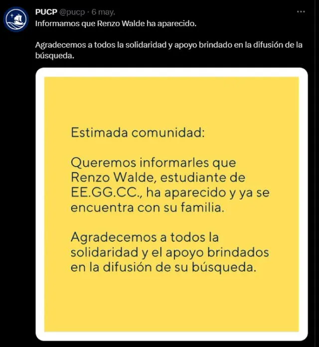 Comunicado de la PUCP luego de que Renzo Walde apareció. Imagen: Captura de Twitter 