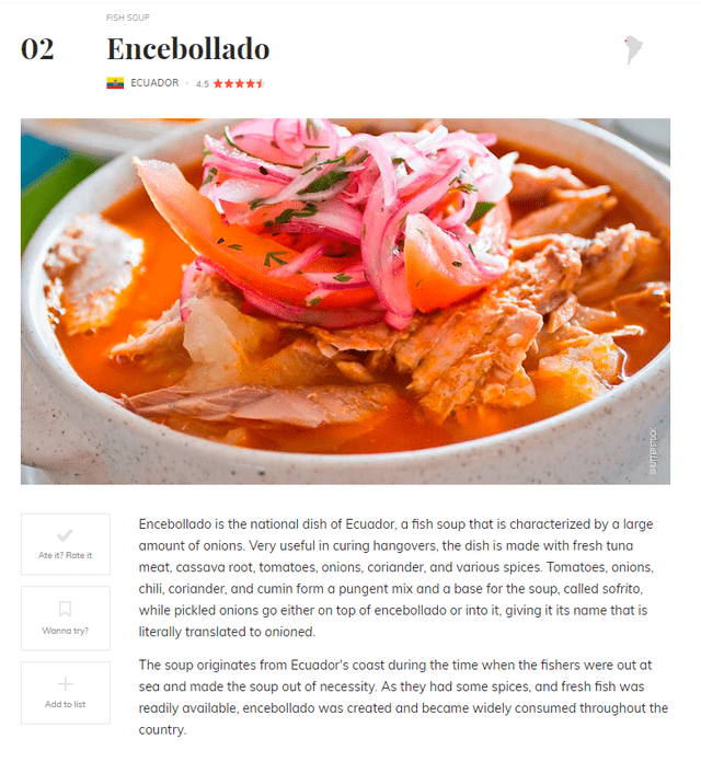  La reseña de TasteAtlas sobre el encebollado de Ecuador. Foto: TasteAtlas 