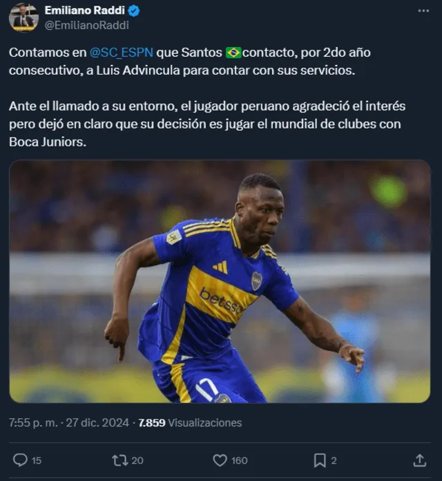 Luis Advíncula llegó a la final de la Copa Libertadores con Boca Juniors. Foto: captura de X.   