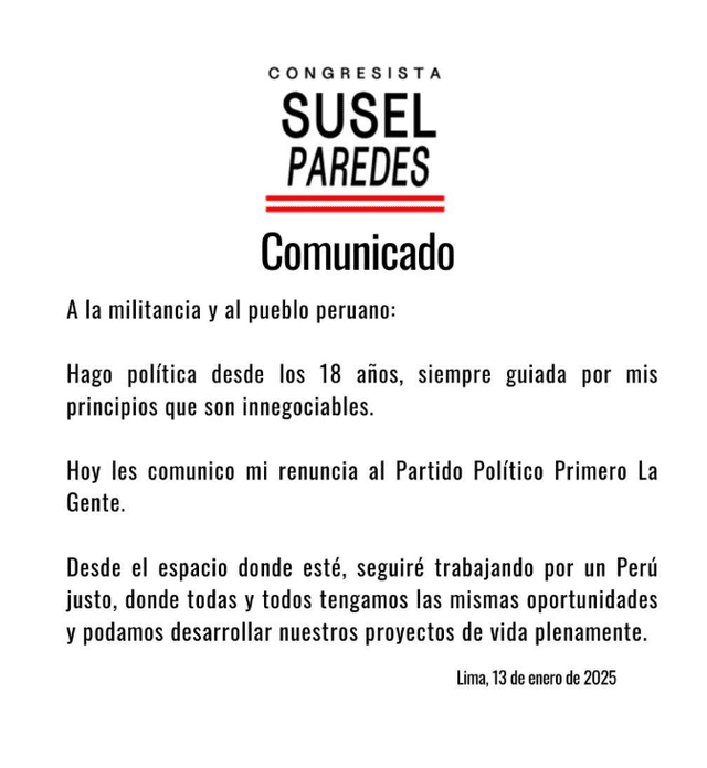 Susel Paredes anunció su renuncia del partido Primero La Gente   