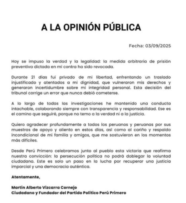 Comunicado de Martín Vizcarra   
