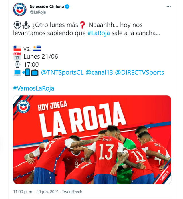TNT Sports transmitirá el encuentro Chile vs. Paraguay por la Copa América 2021. Foto: LaRoja/Twitter