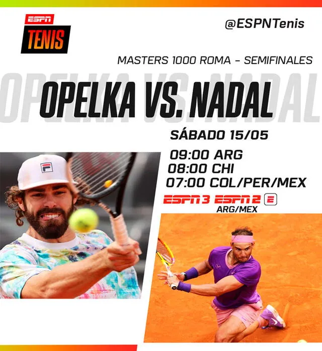 La semifinal Nadal vs. Opelka será transmitida por los canales de ESPN en Latinoamérica (hora aproximada). Foto: ESPNtenis/Twitter