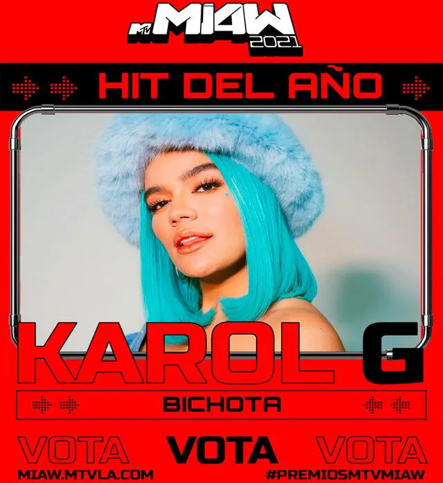 Entre las nominaciones de Karol G está la de hit del año por "Bichota". Foto: MTVLA/Facebook