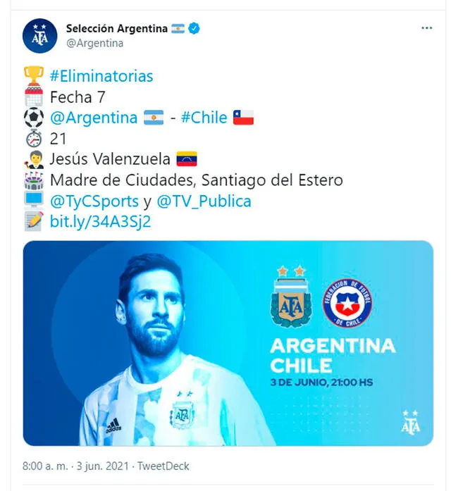 Argentina vs. Chile EN VIVO HOY por las Eliminatorias Qatar 2022. Foto: Argentina/Twitter