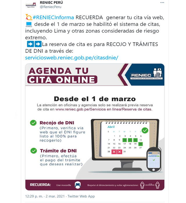 La reserva de cita se realiza a través de la sección Servicios en línea de la página web de Reniec. Foto: ReniecPeru/Twitter