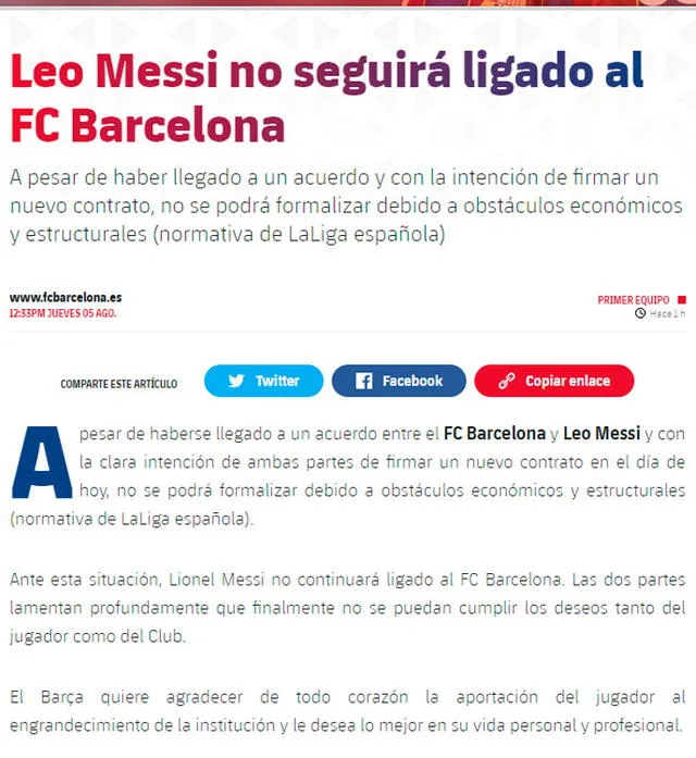Comunicado del FC Barcelona sobre Lionel Messi. Foto: captura de fcbarcelona.es