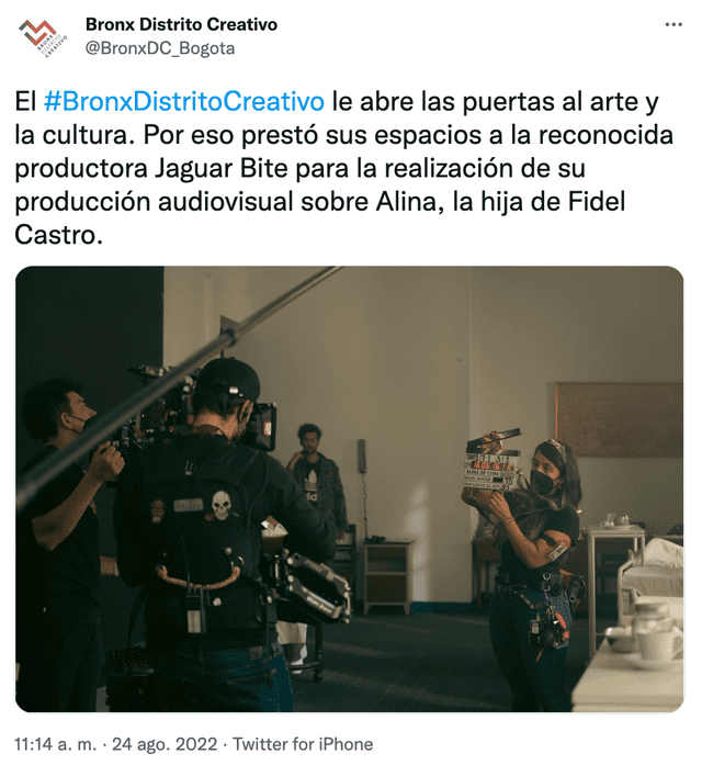 Actualización de Twitter sobre la producción de una filmación sobre la hija de Fidel Castro en el BDC. Foto: captura LR/Twitter