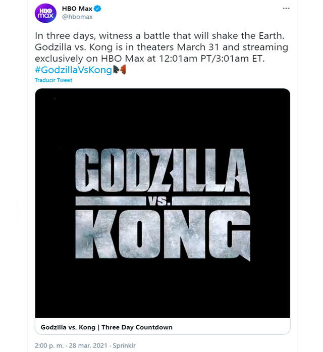 HBO Max anunció en redes sociales los horarios de estreno de Godzilla vs. Kong. Foto: hbomax/Twitter