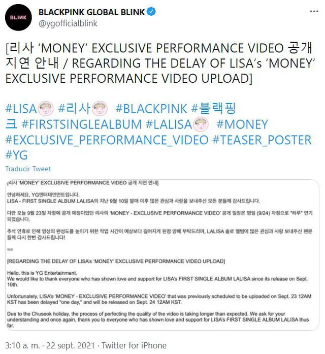 Comunicado de YG sobre "Money" Exclusive performance. Foto: captura