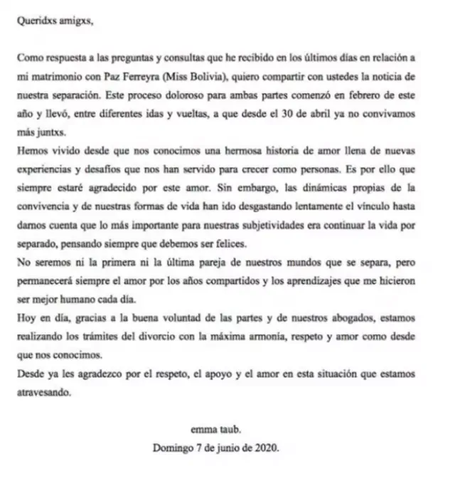 Comunicado de Emmanuel Taub en sus redes sociales sobre separación con Miss Bolivia. (Foto: Captura)