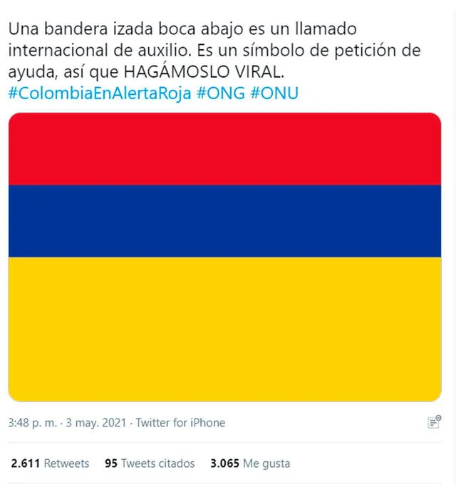 Los mensajes para poner la bandera de Colombia al revés se han viralizado en redes. Foto: Twitter