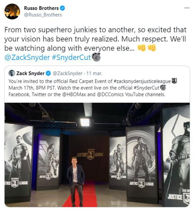 Los hermanos Russo se pronuncian en Twitter sobreZack Snyder’s Justice League. Foto: captura Twitter / Russo Brothers