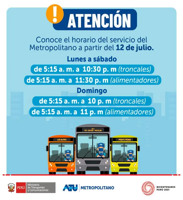 La ATU anunció los nuevos horarios del Metropolitano a partir de este lunes 12 de julio. Foto: MetropolitanoOficial/Facebook