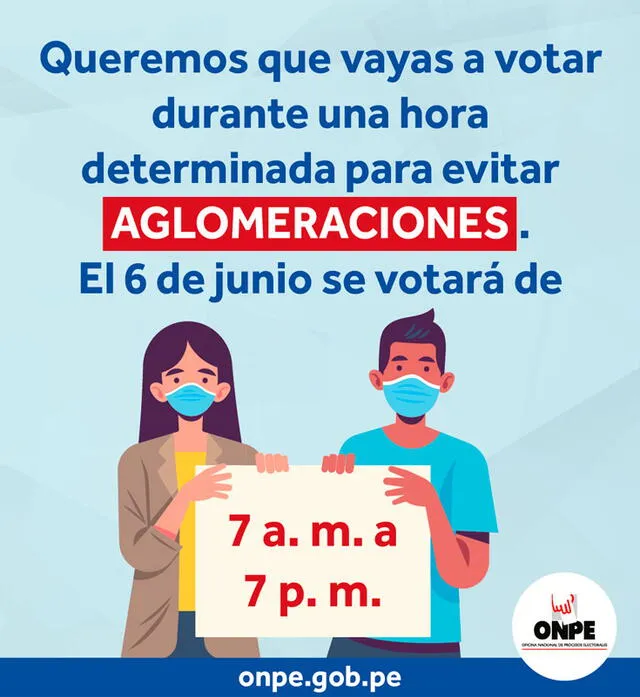 El horario para votar en la segunda vuelta 2021 irá de 7.00 a. m. a 7.00 p. m. Foto: ONPEoficial/Facebook