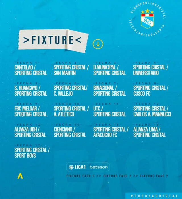 Sporting Cristal compartió su fixture para la Fase 2 de la Liga 1 Betsson 2021. Foto: ClubALoficial/Twitter