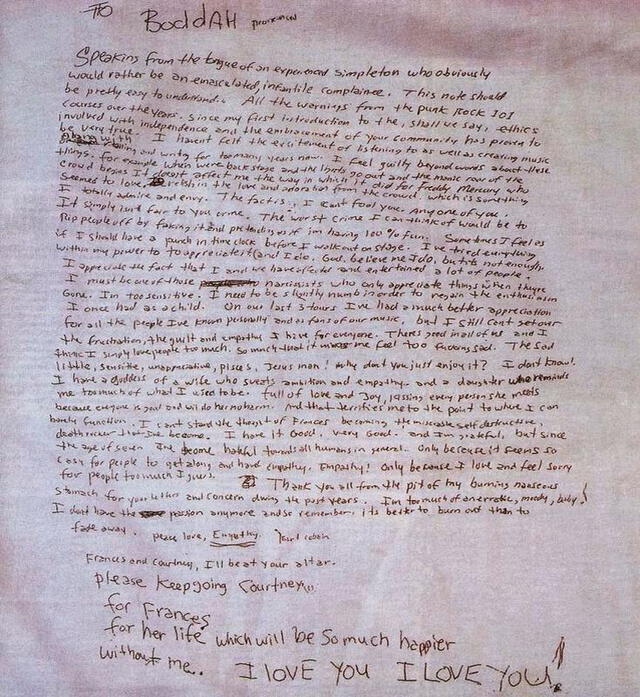 Carta de despedida de Kurt Cobain. Estaba dirigida a un amigo imaginario. Foto: difusión