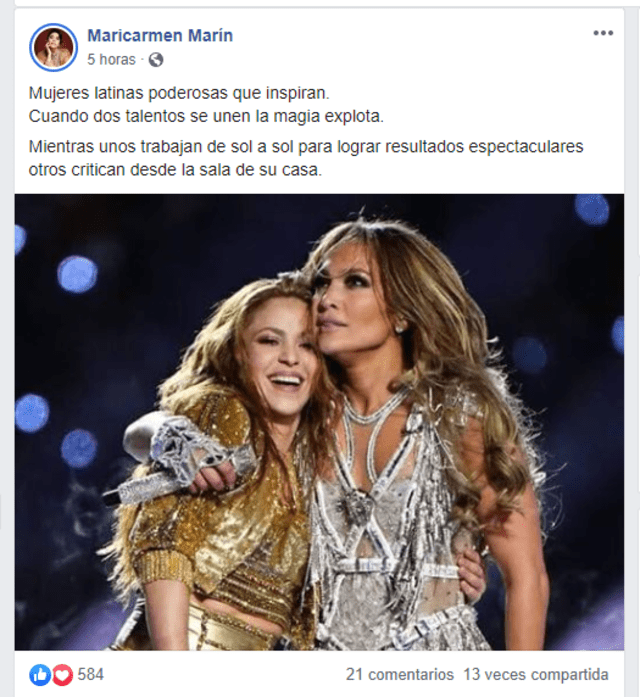 Maricarmen Marín sale en defensa de Shakira y Jennifer Lopez.
