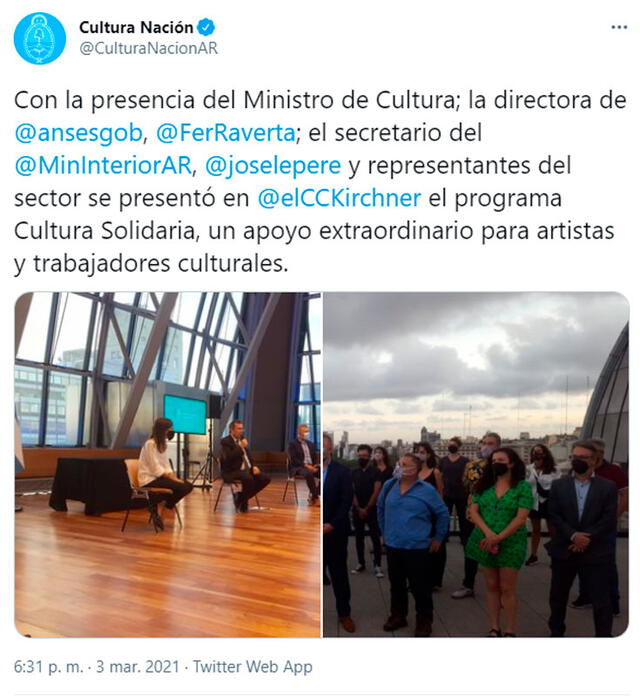 Anuncio del bono Cultura Solidaria. Foto: CulturaNacionAR/Twitter