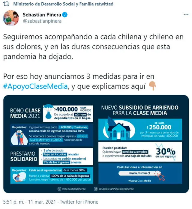 El Gobierno chileno presentó los proyectos de ley del Bono Clase Media y Préstamo Solidario 2021. Foto: sebastianpinera/Twitter