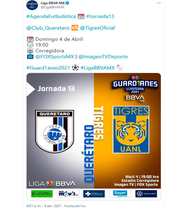 Tigres vs. Querétaro EN VIVO por la Liga Mx. Foto: LigaBBVAMX/Twitter