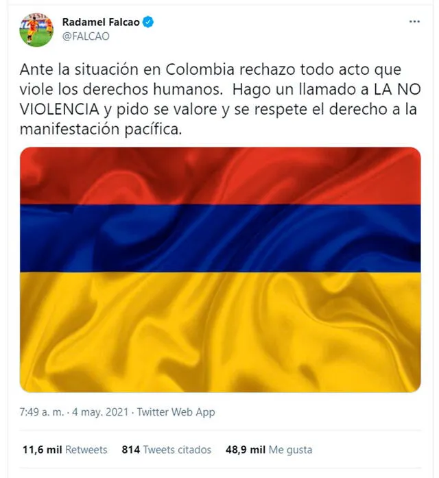 El futbolista Radamel Falcao fue una de las figuras públicas que publicaron la bandera de Colombia al revés en sus redes. Foto: FALCAO/Twitter