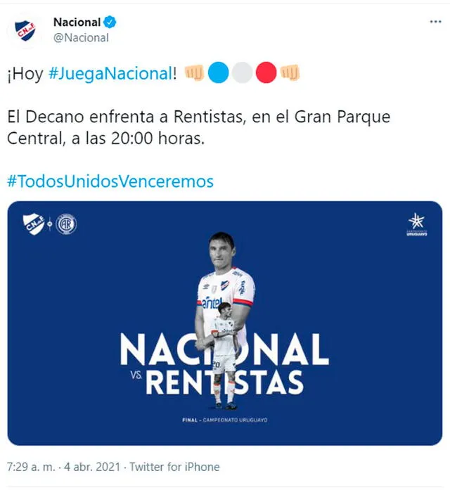 Nacional vs. Rentistas EN VIVO desde el Gran Parque Central. Foto: Nacional/Twitter