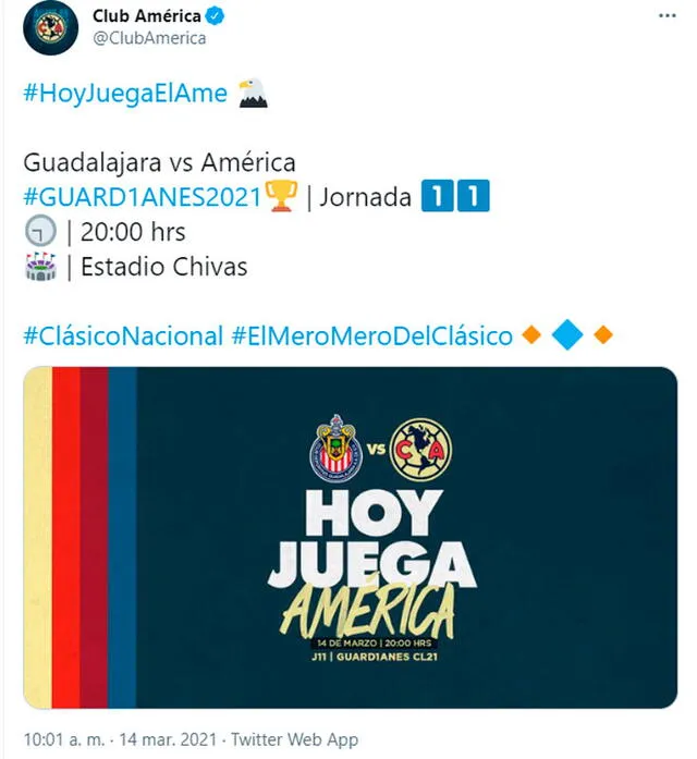 América vs. Chivas EN VIVO HOY por la Liga MX. Foto: ClubAmerica/Twitter