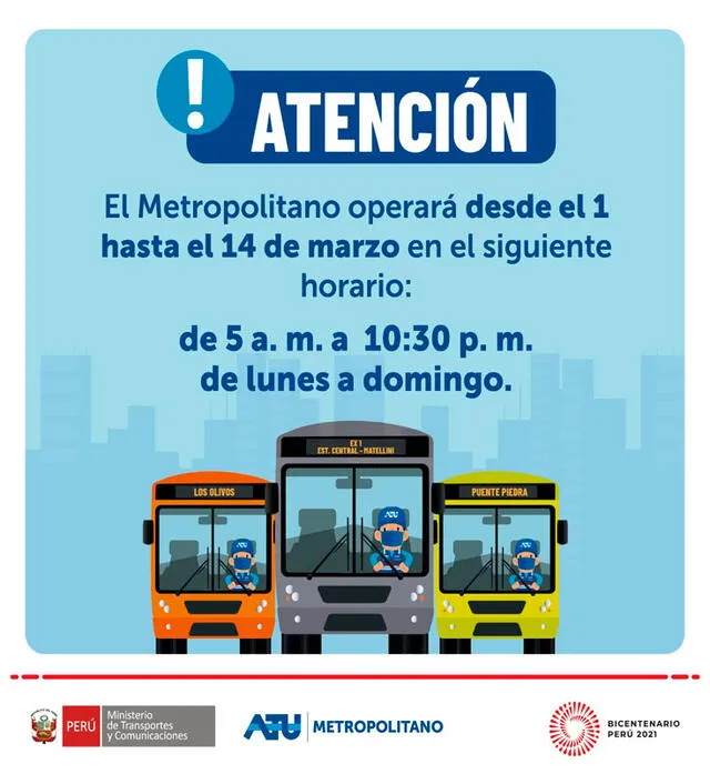Nuevos horarios de atención del Metropolitano desde el 1 de marzo. Foto: MetropolitanoPT/Twitter