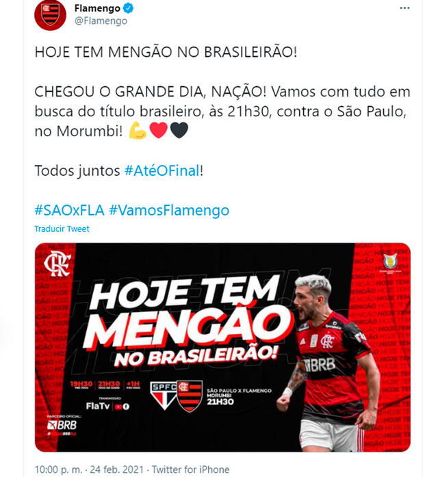 Flamengo vs. Sao Paulo EN VIVO HOY por el Brasileirao. Foto: Flamengo/Twitter