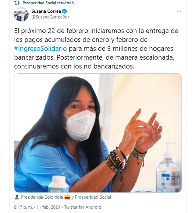 Susana Correa, directora del DPS, anunció la fecha de pago del Ingreso Solidario. Foto: SusanaCorreaBor/Twitter