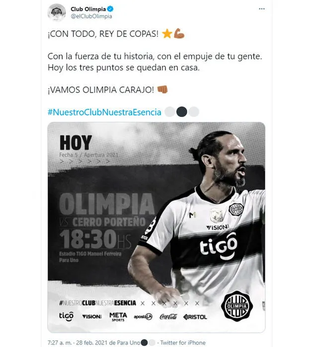 Olimpia vs. Cerro Porteño EN VIVO HOY por el Torneo Apertura paraguayo. Foto: elClubOlimpia/Twitter